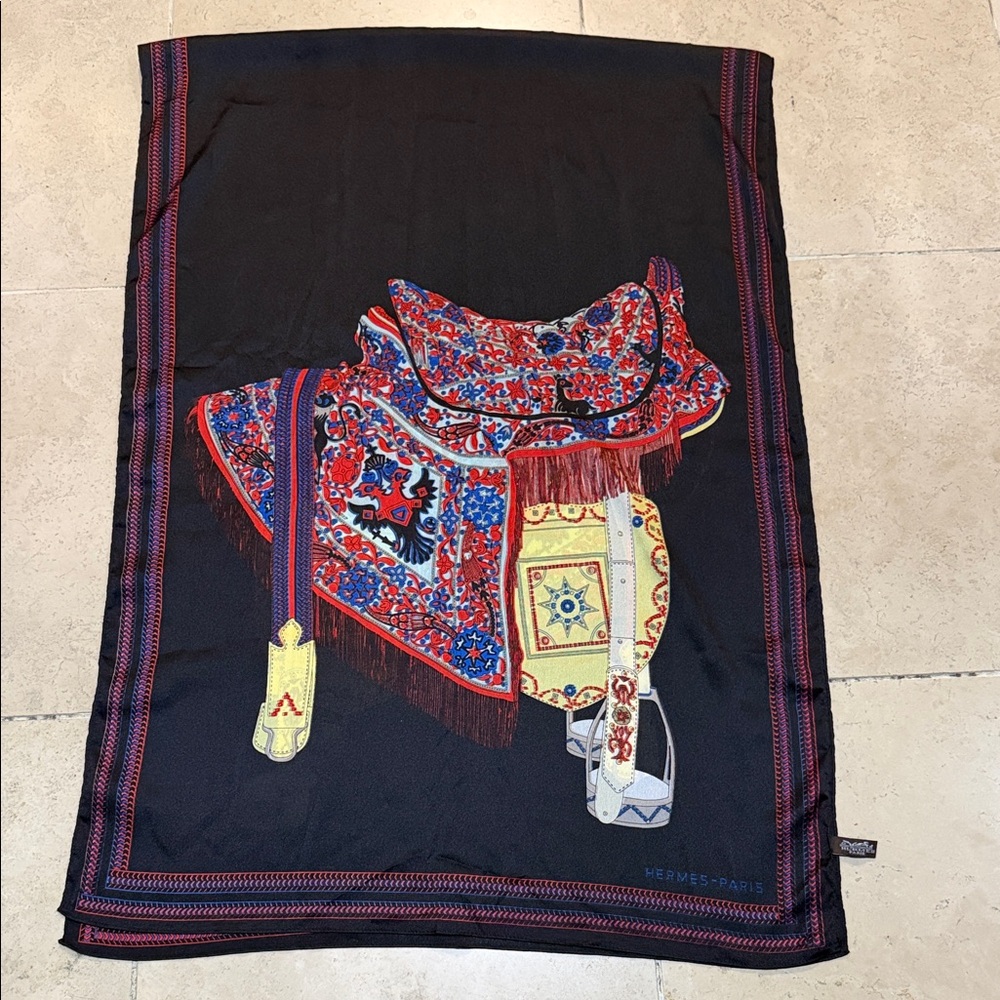 Hermès 100% Silk Black and Red Equestrian Scarf